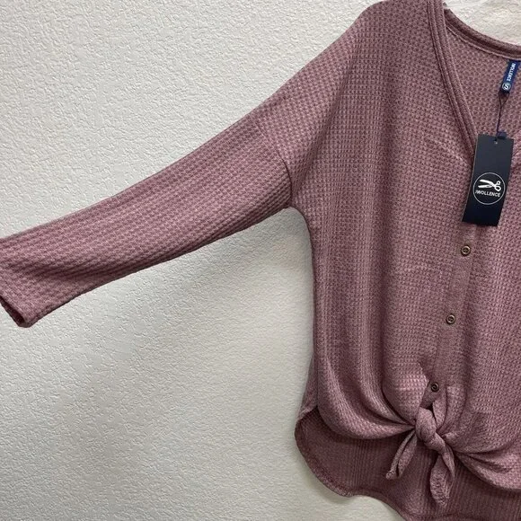 Iwollence Womens Small Waffle Knit Top Mauve Long Sleeve V Neck Tie Knot NWTs - Picture 3 of 8
